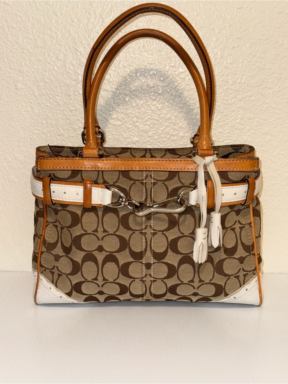 Coach Brown Signature Canvas Satchel with Tan Handles & White Trim